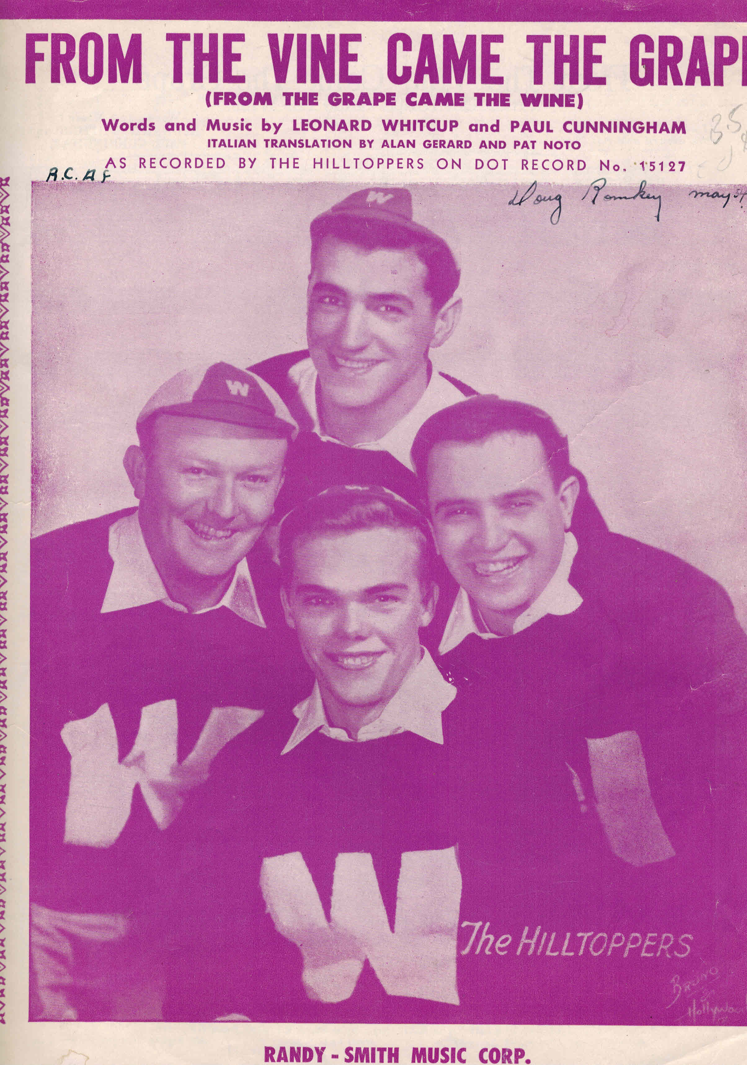 Image for From the Vine Came The Grape - Vintage Sheet Music - Hilltoppers Cover - from the Grape Came the Wine
