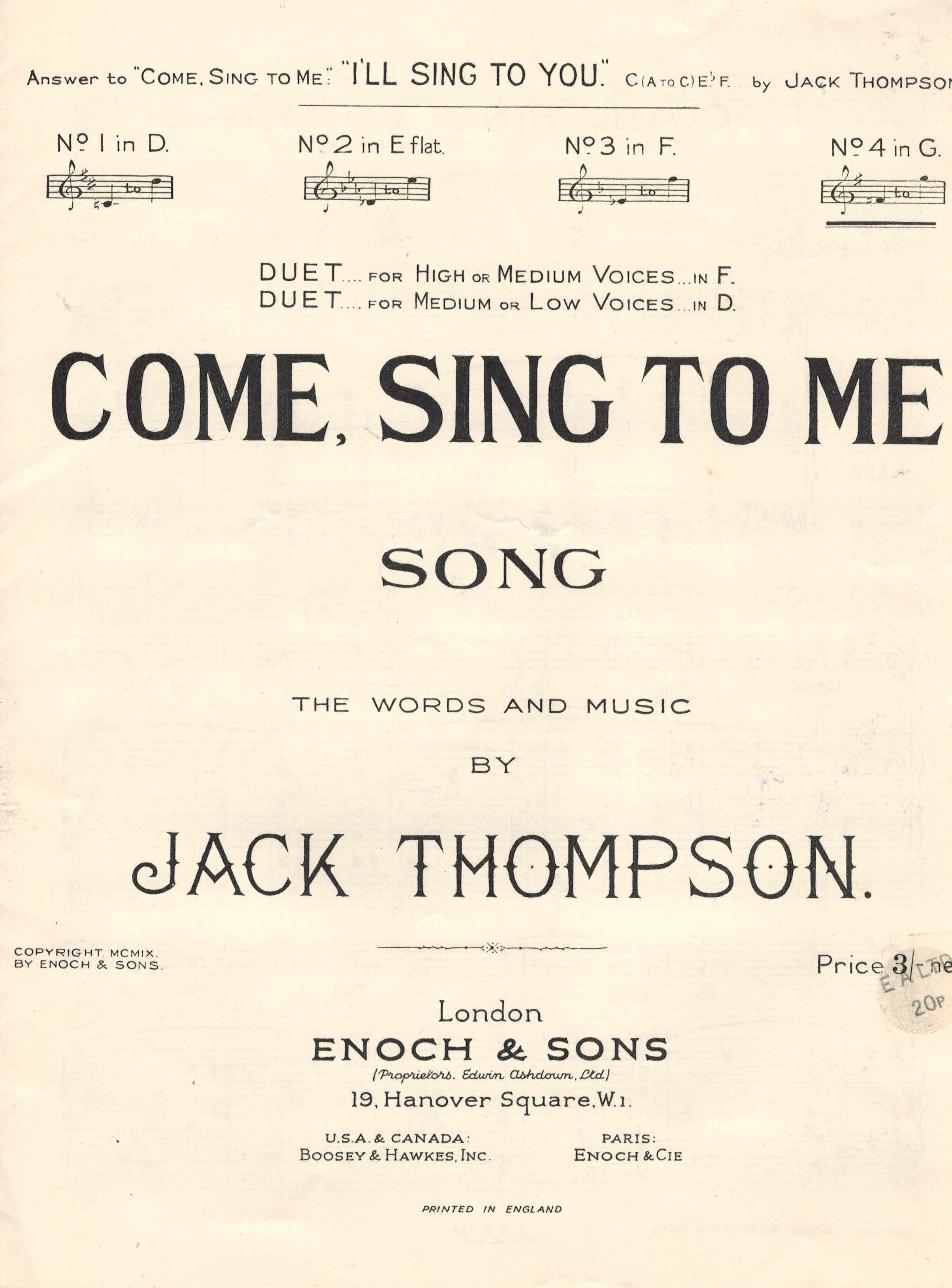 Image for Come Sing to Me Song Sheet in G