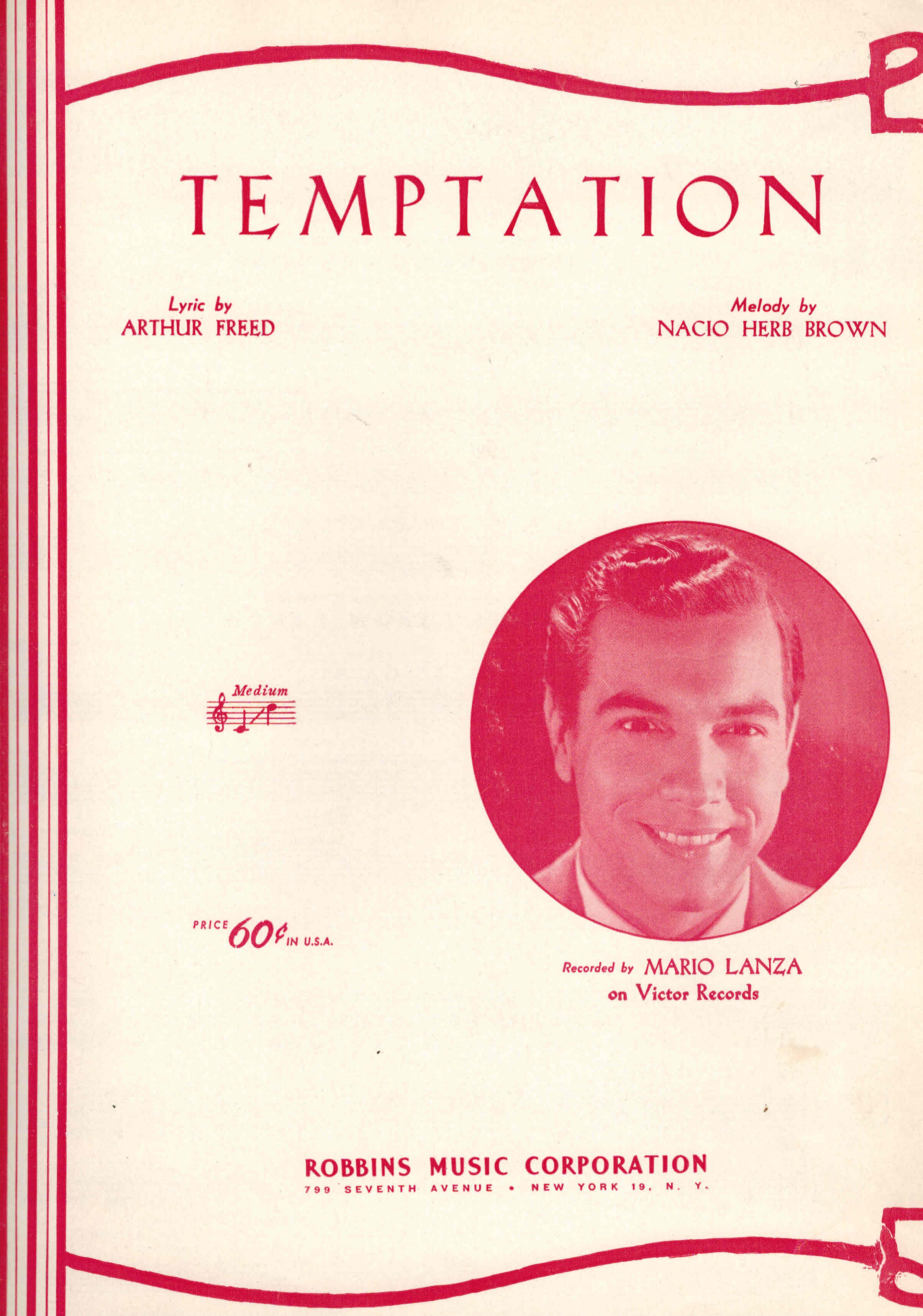 Image for Temptation - Sheet Music - Mario Lanza Cover