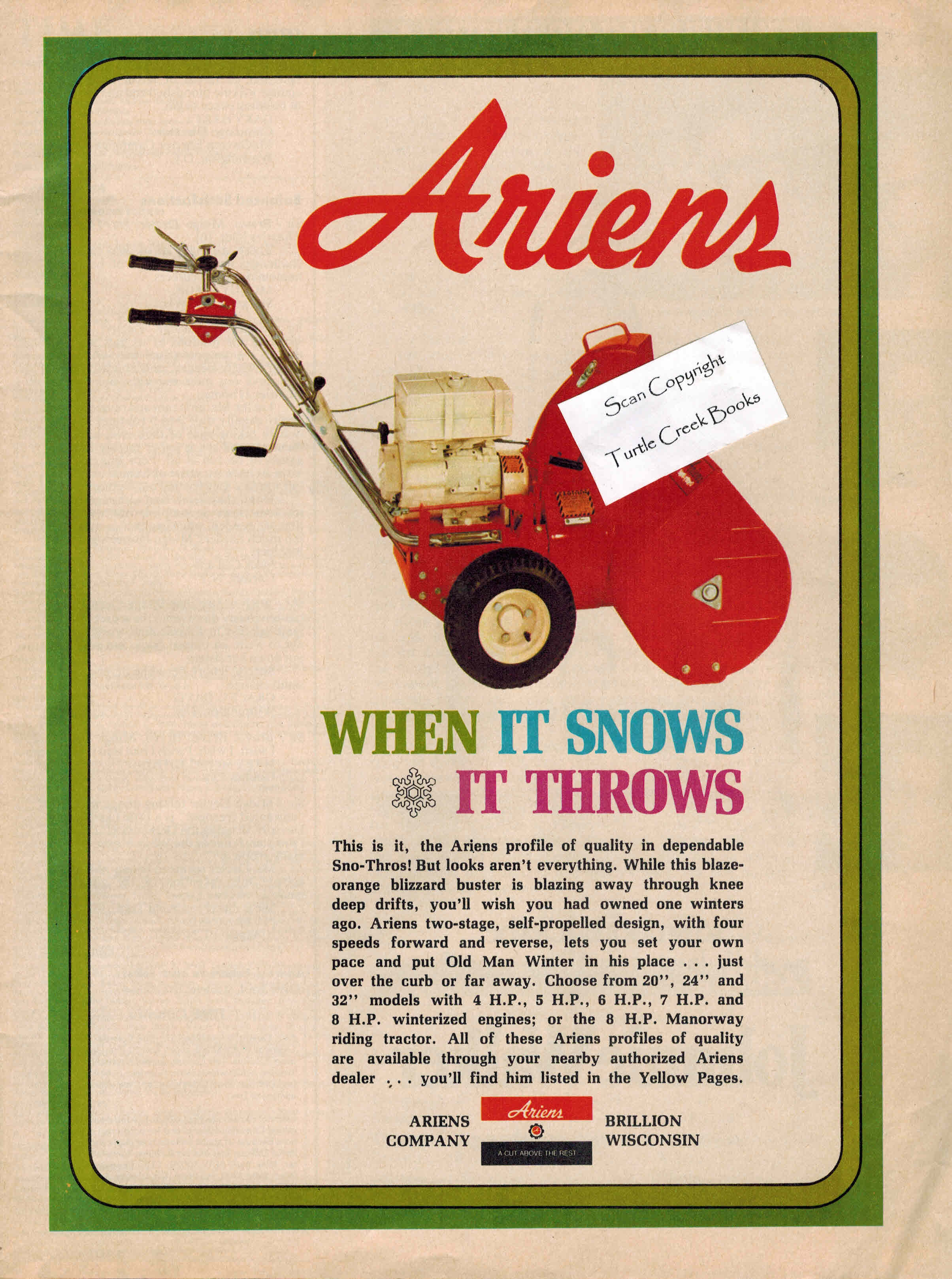 Image for Ariens Snowblower - Original Advertisement from 1972 - When it Snows it Throws