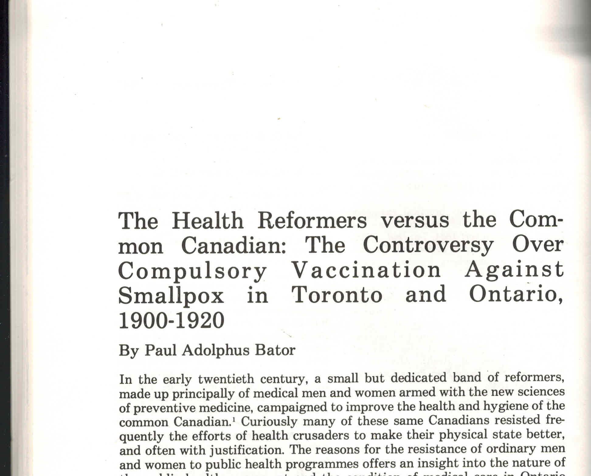 Image for Health Reformers versus the Common Canadian : The controversy Over compulsory Vaccination Against Smallpox in Toronto and Ontario 1900-1920
