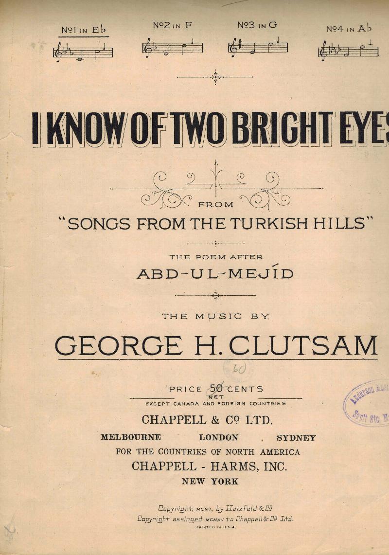 Image for I Know of Two Bright Eyes - Vintage sheet Music in E Flat Frm Songs from the Turkish Hills