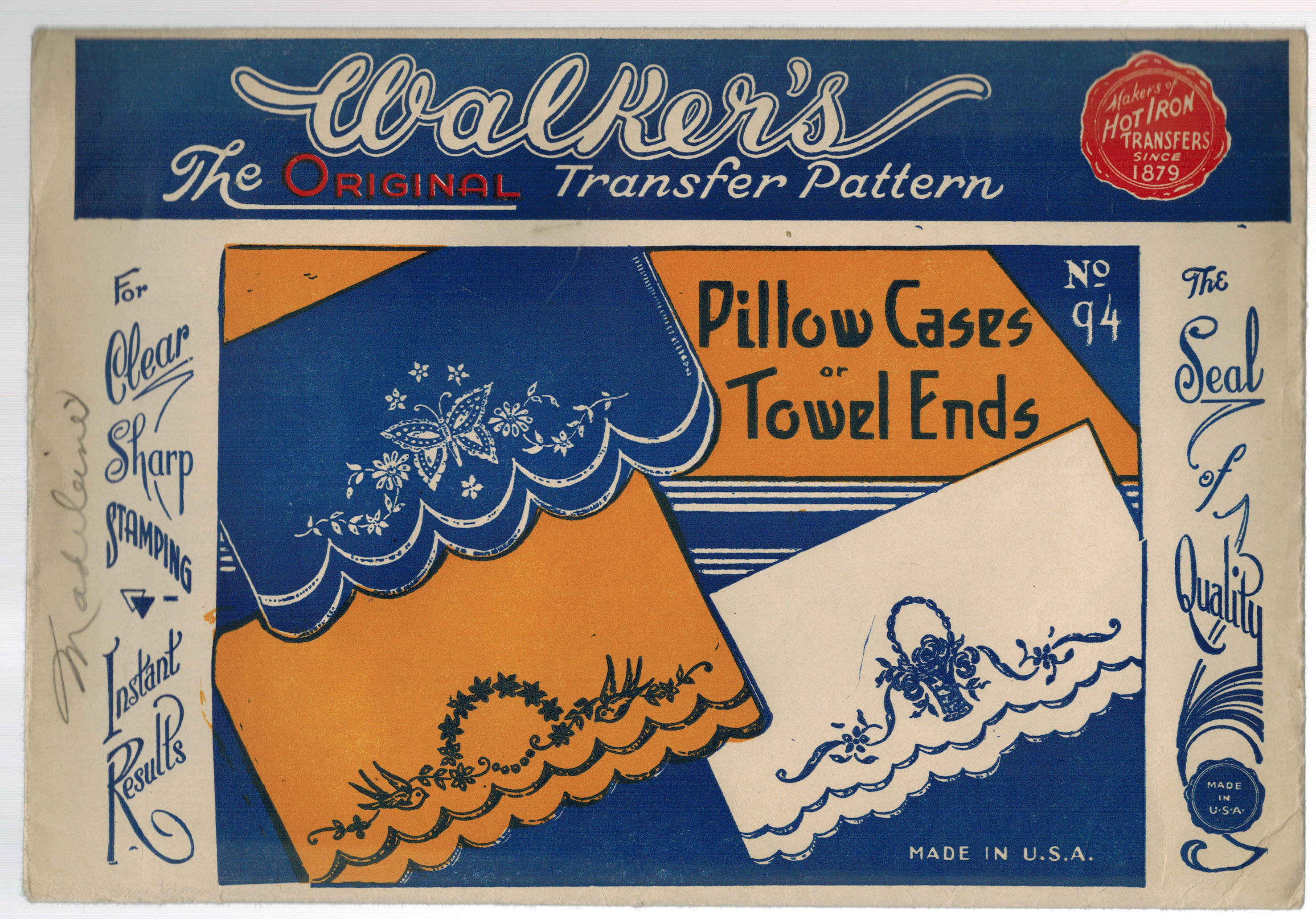 Walker's Original Hot Iron Transfer Pattern No. 94 Pillow Cases or Towel Ends