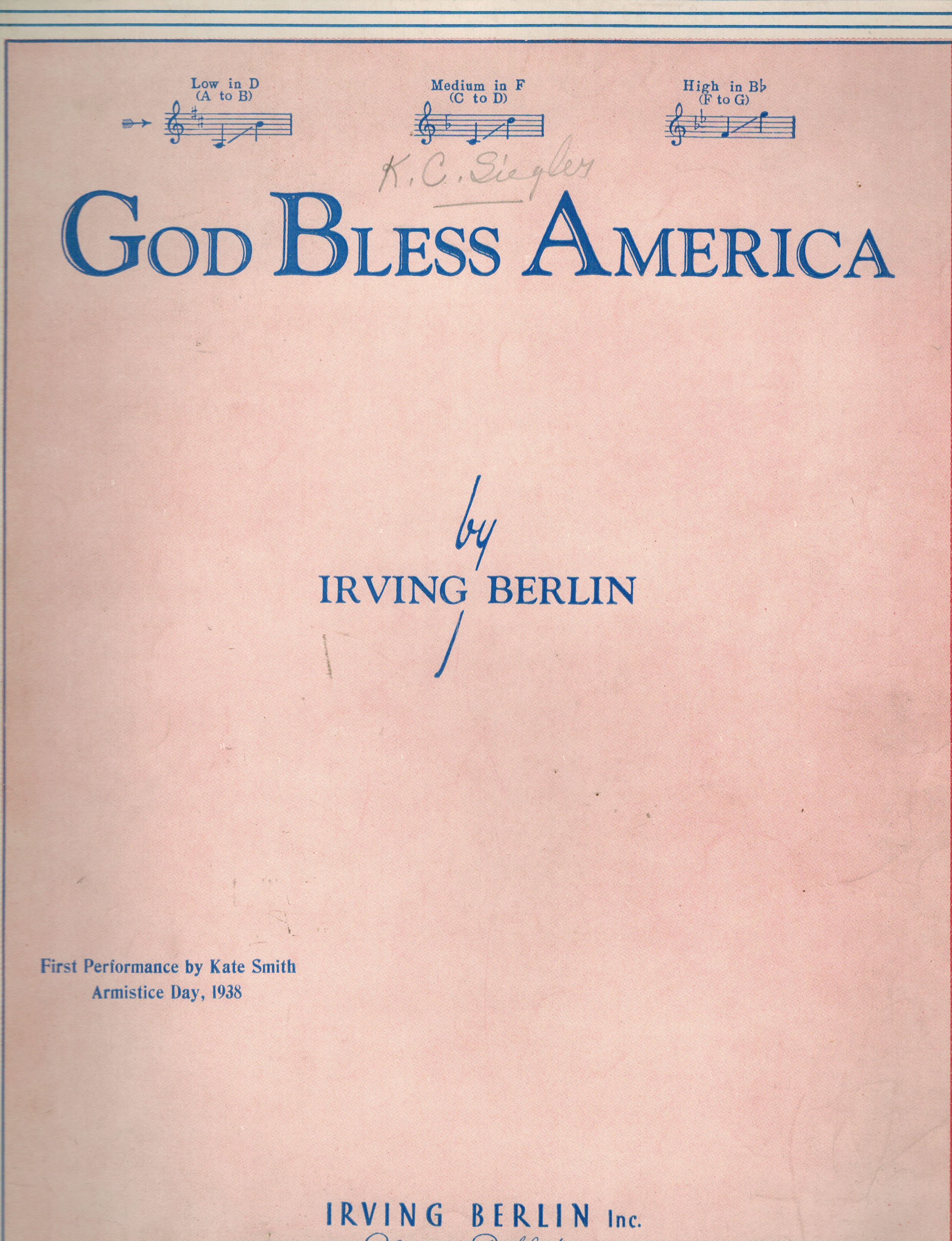 God Bless America - Vintage Sheet Music - For Low Voice in D
