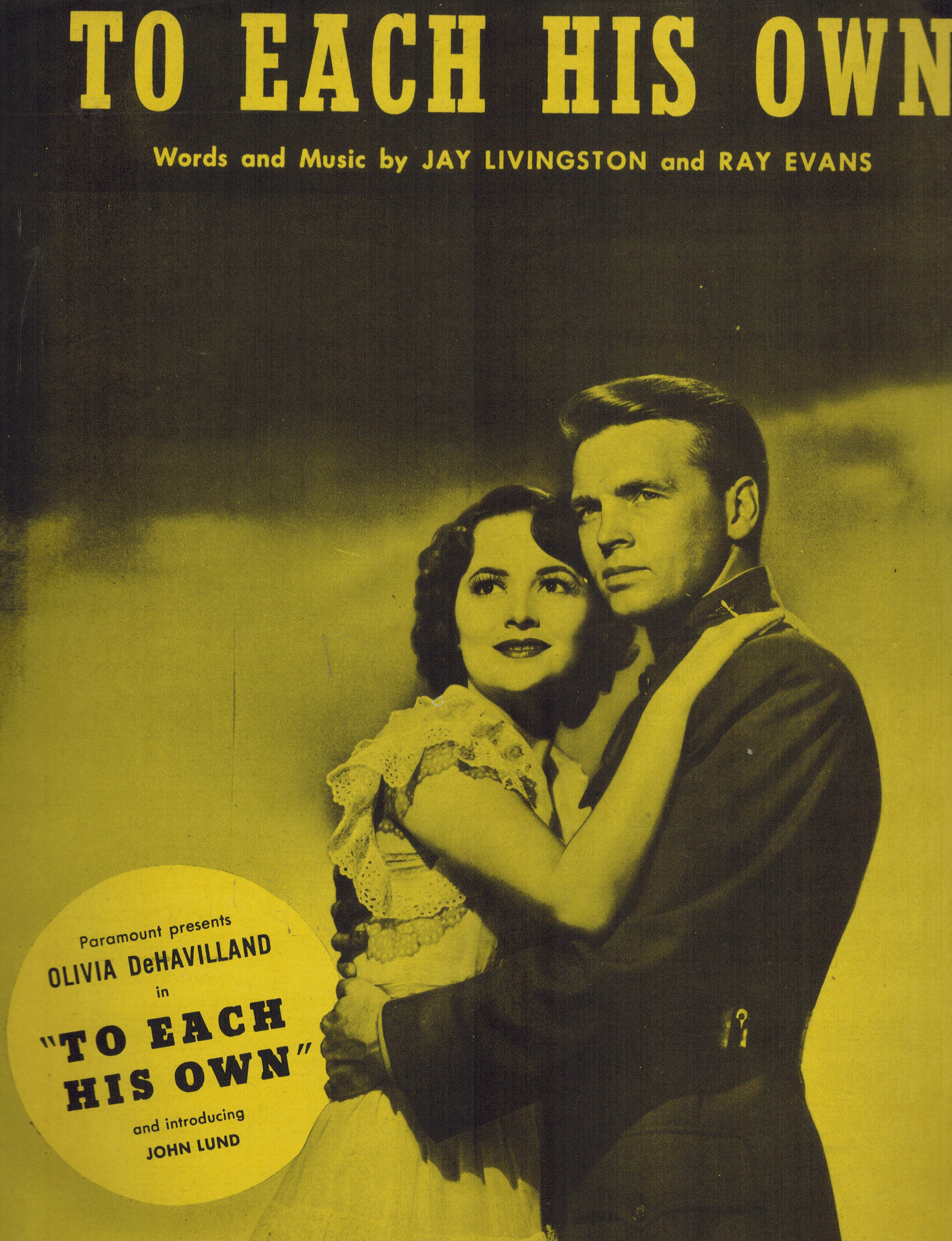 To Each His Own - Vintage Sheet Music Olivia DeHavilland and John Lund Cover