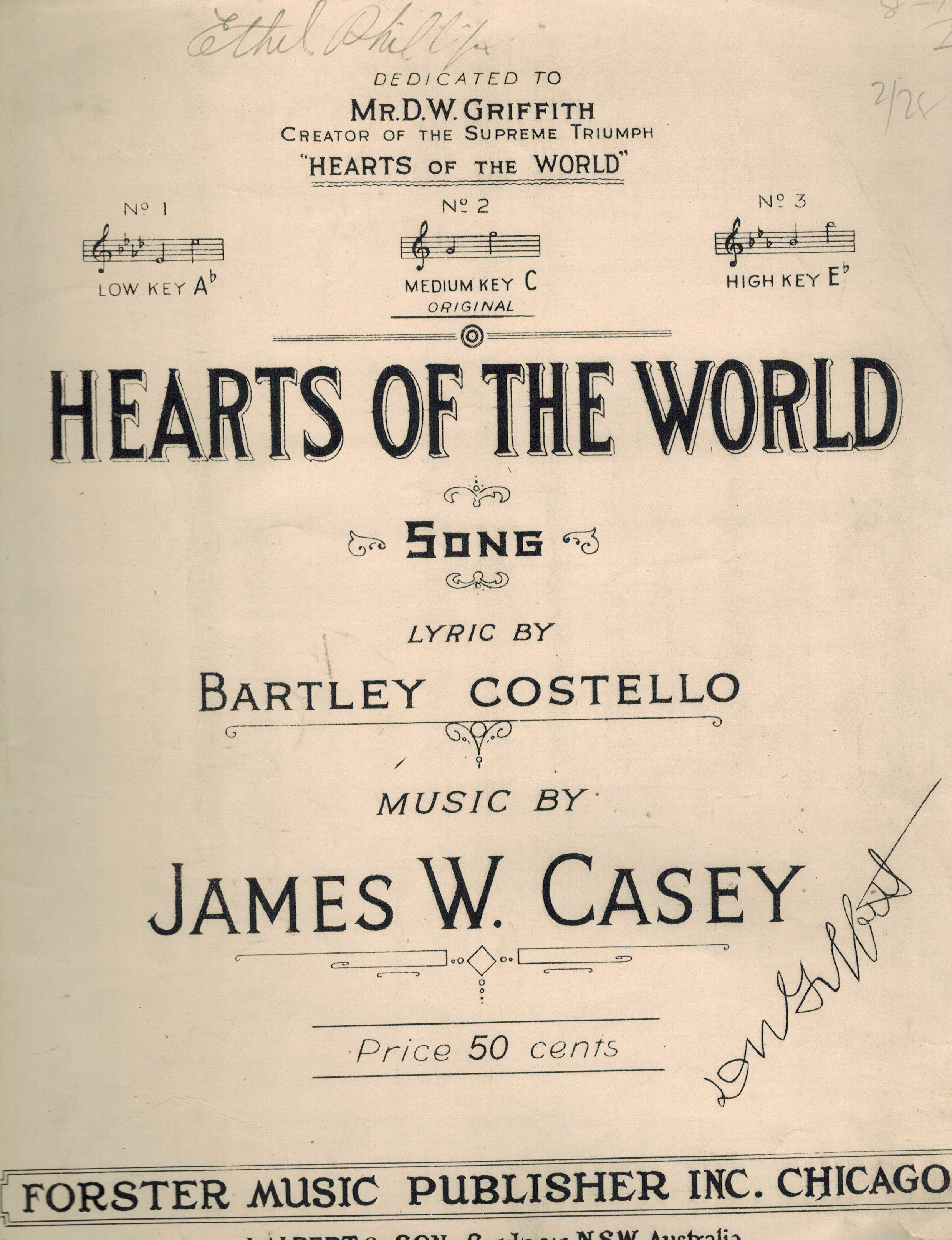 Hearts of the World Song - Vintage Sheet Music in the Medium Key of C