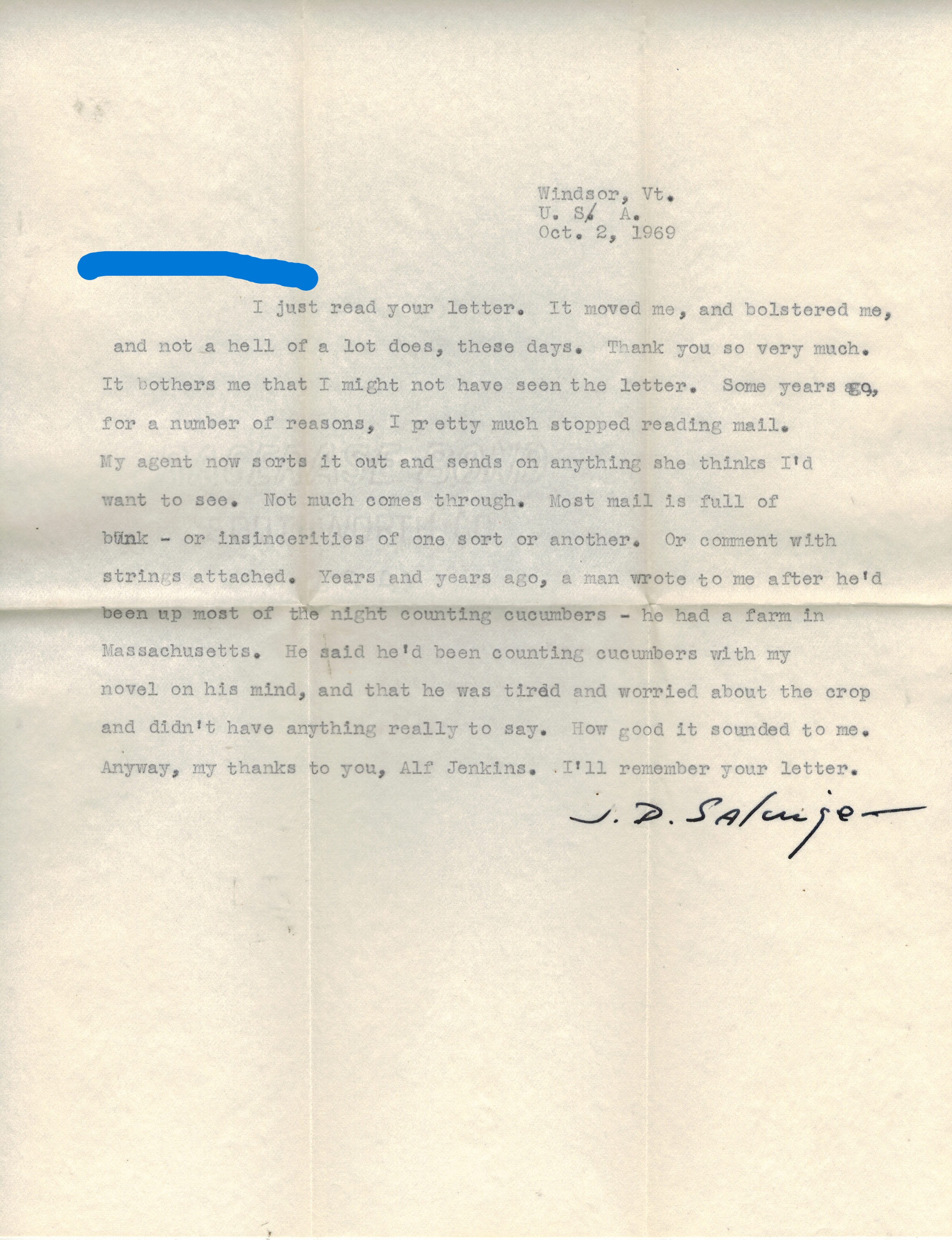 Autographed Letter on Counting Cucumbers with Original Envelope from J.D. Salinger
