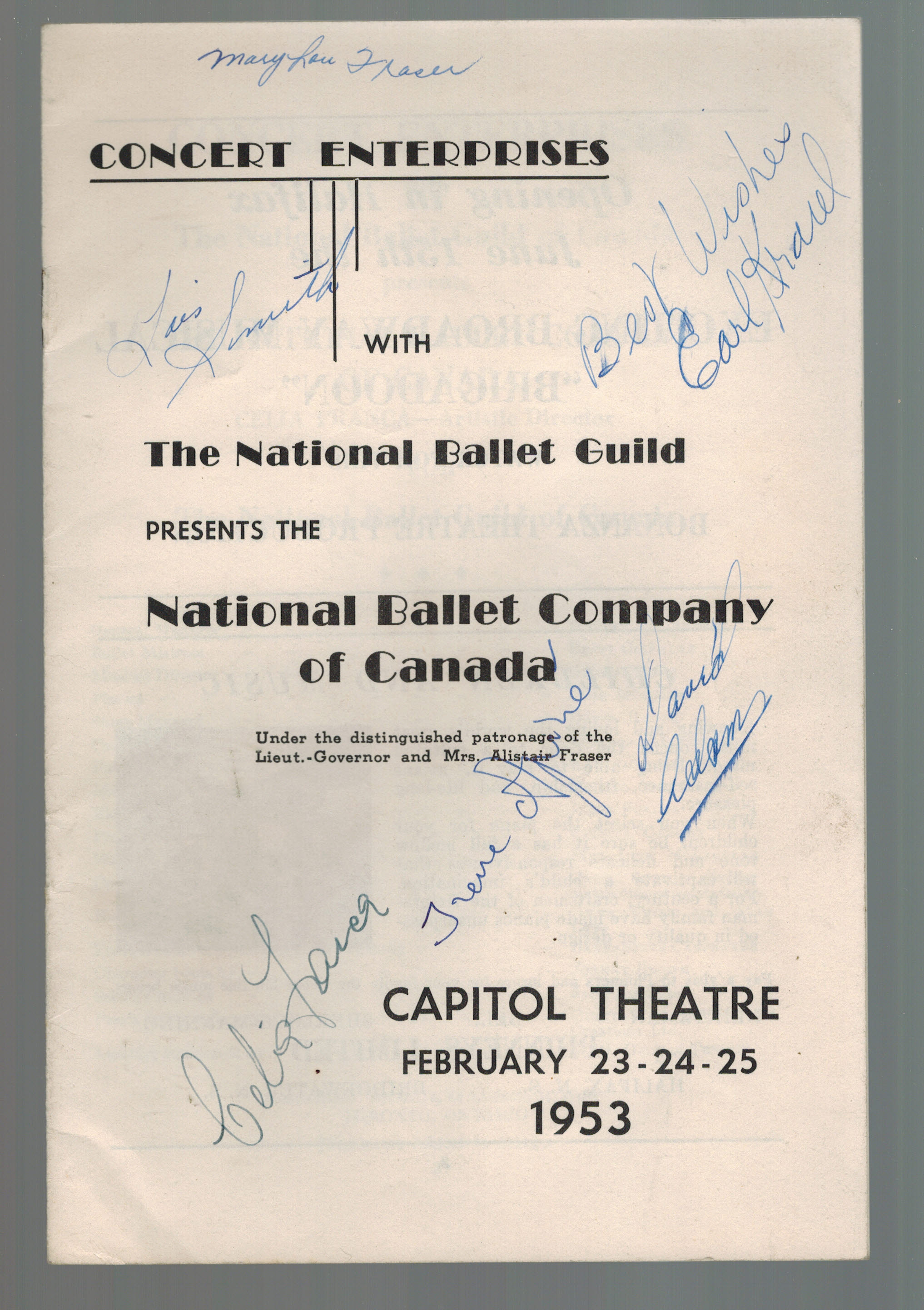 Image for National Ballet Company of Canada AUTOGRAPHED Programme Capitol Theatre February 23 24 25, 1953 National Ballet Company of Canada AUTOGRAPHED Programme Capitol Theatre February 23 24 25, 1953