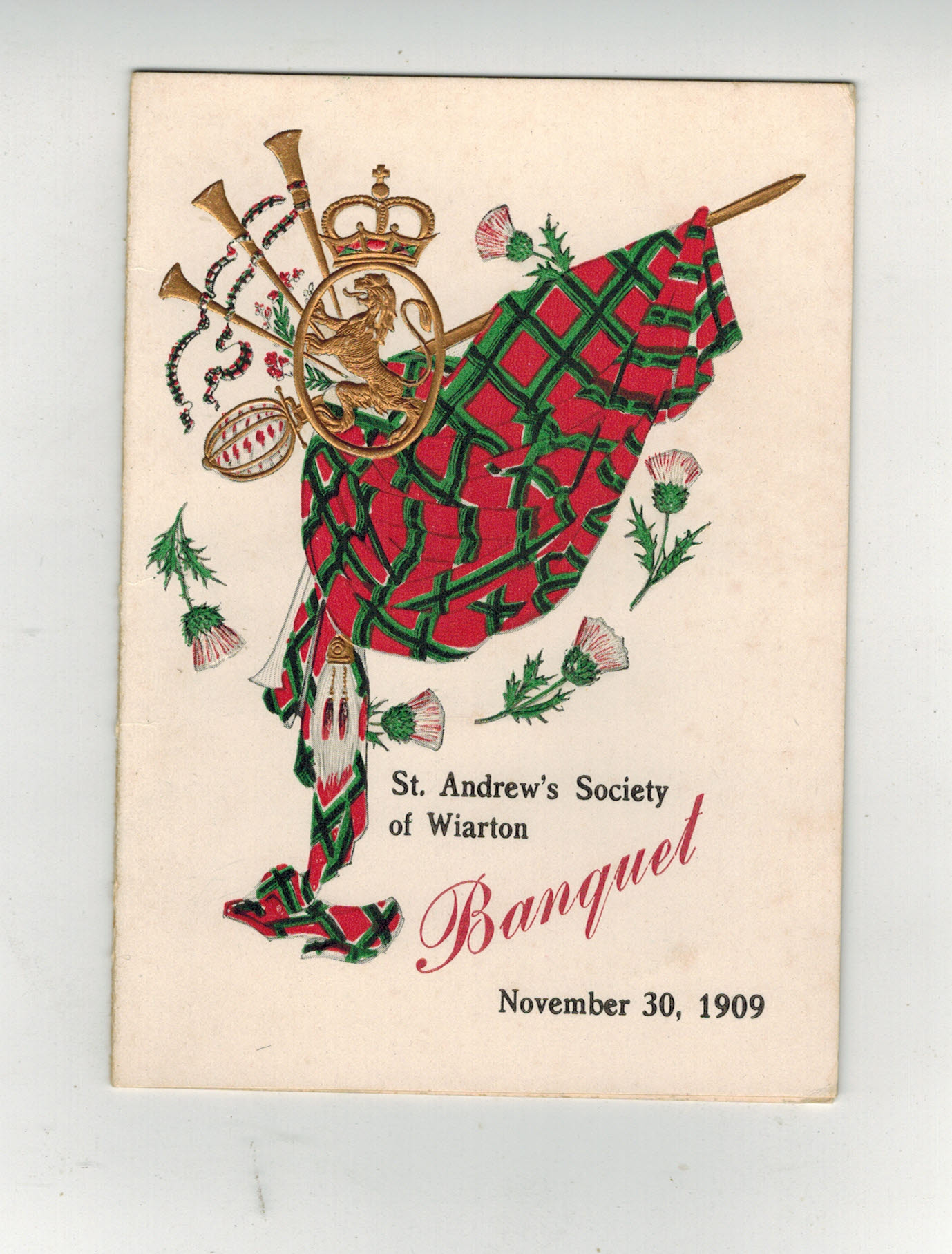 St. Andrew's Society of Wiarton Banquet Card November 30, 1909