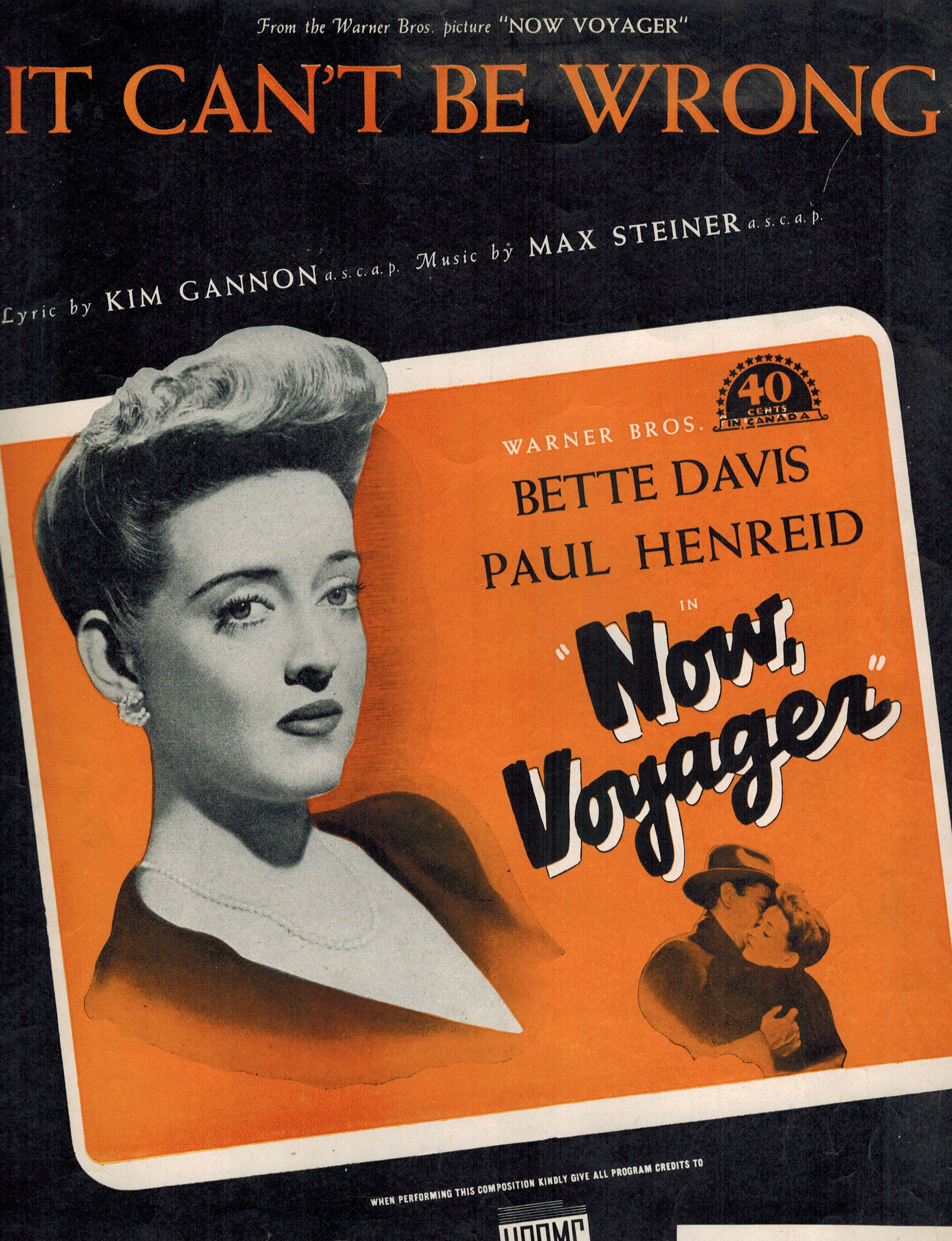 It Can't Be Wrong from Now Voyager - Bette Davis Cover - Vintage Sheet Music