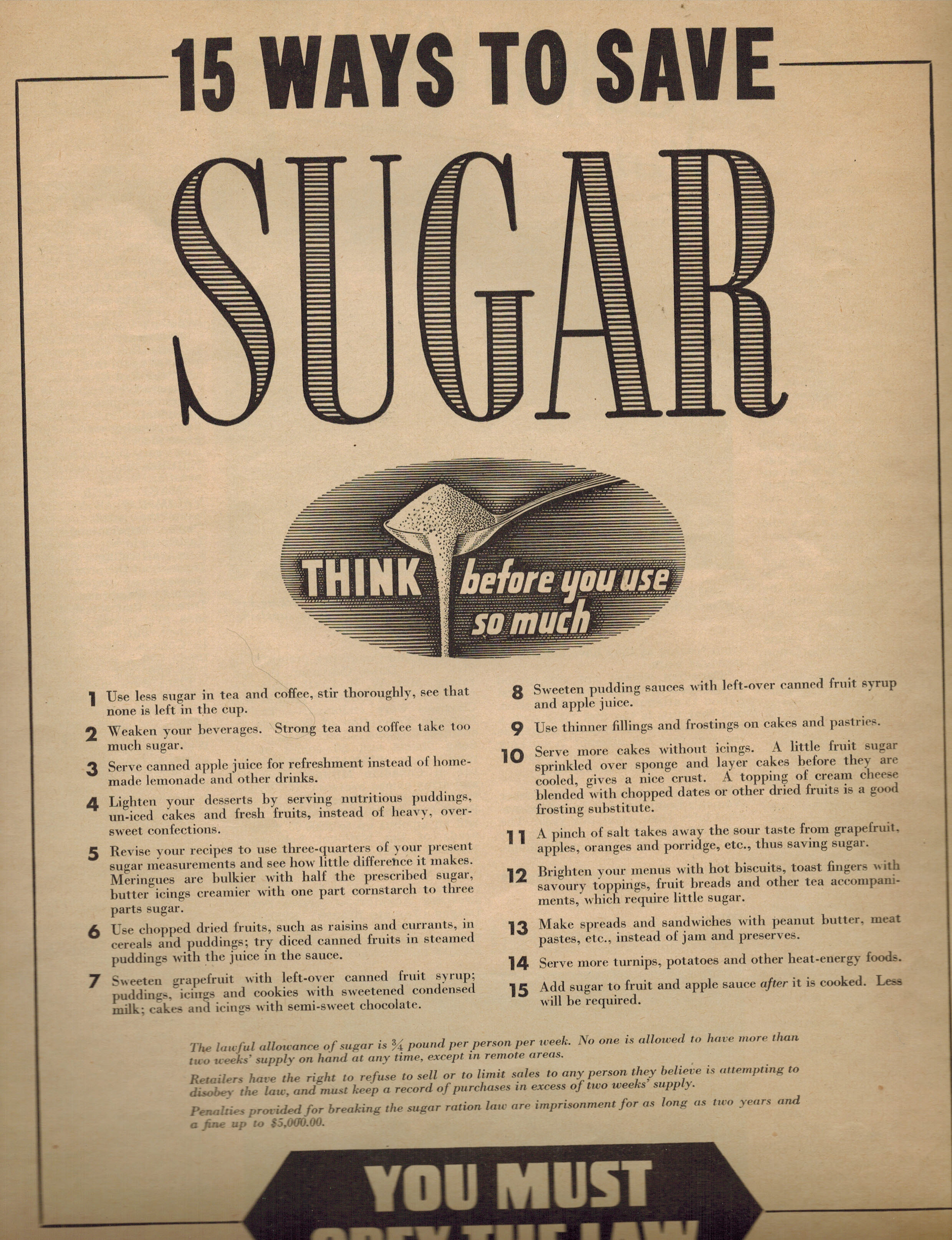 Vintage Wartime Sugar Rationing Advertisement - 15 Ways to Save - You Must Obey the Law