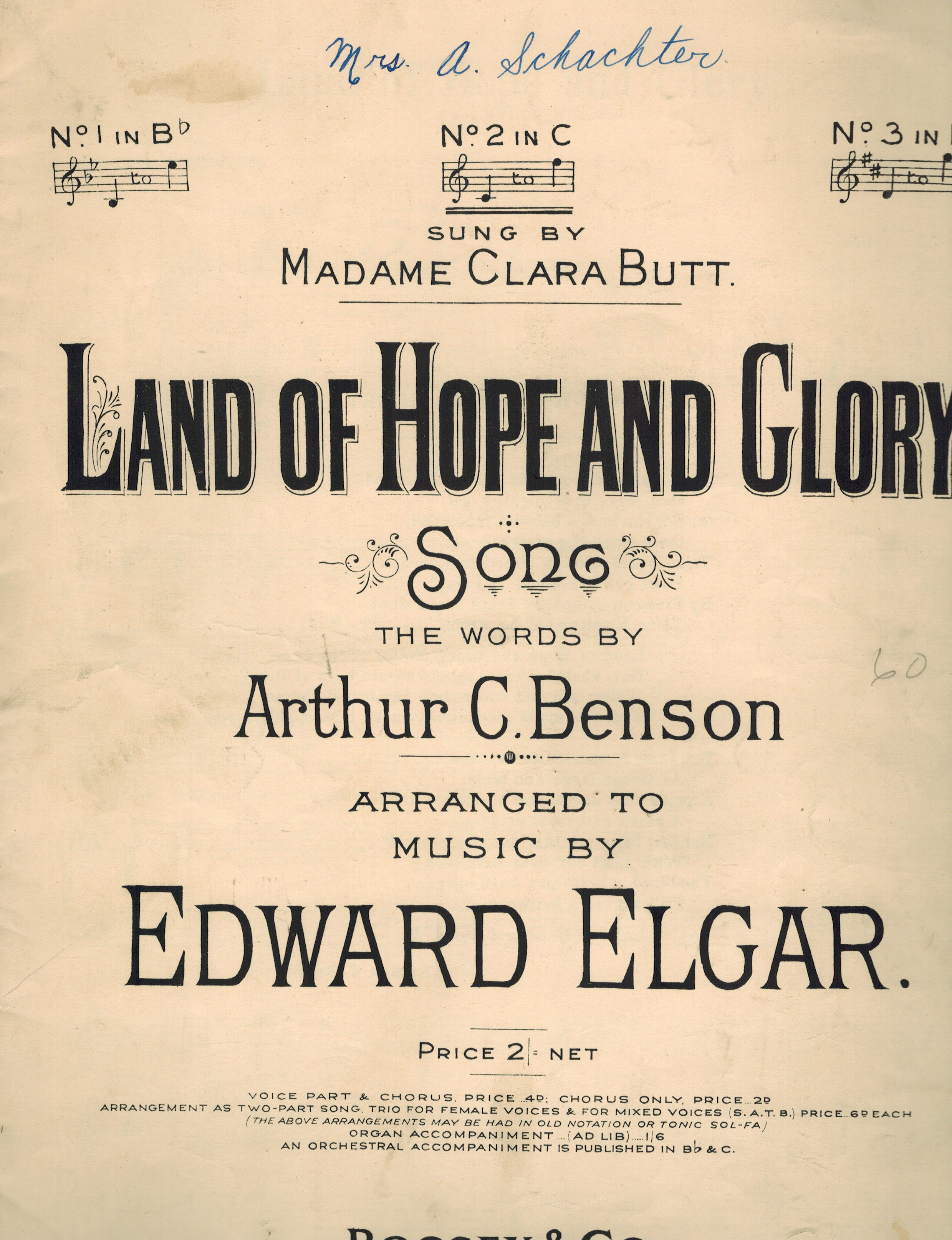 Land of Hope and Glory Song (as sung by Clara Butt ) in C Major - Vintage Sheet Music