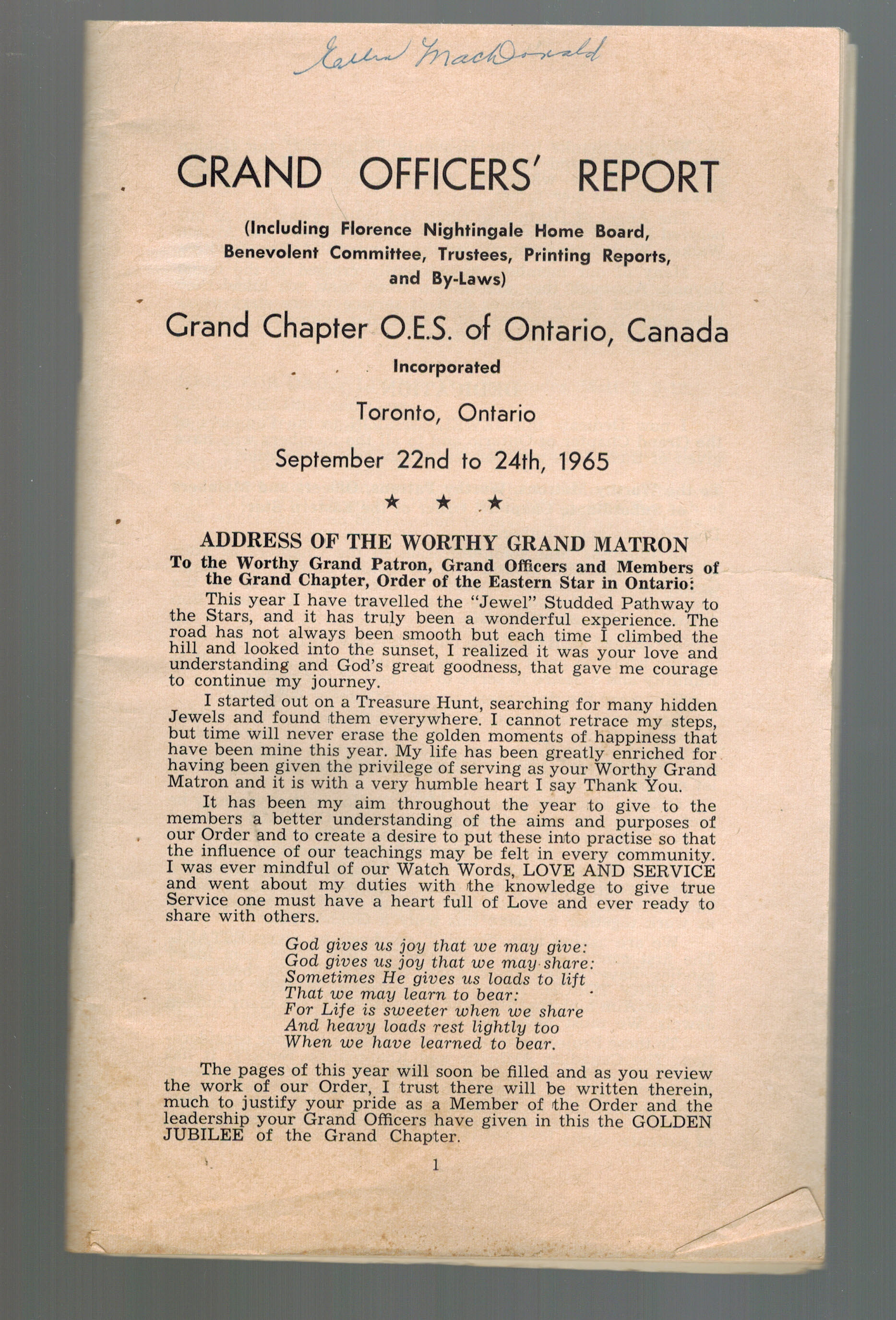 Grand Officers' Report - Masonic Grand Chapter O.E.S. of Ontario, Canada - Toronto 1965