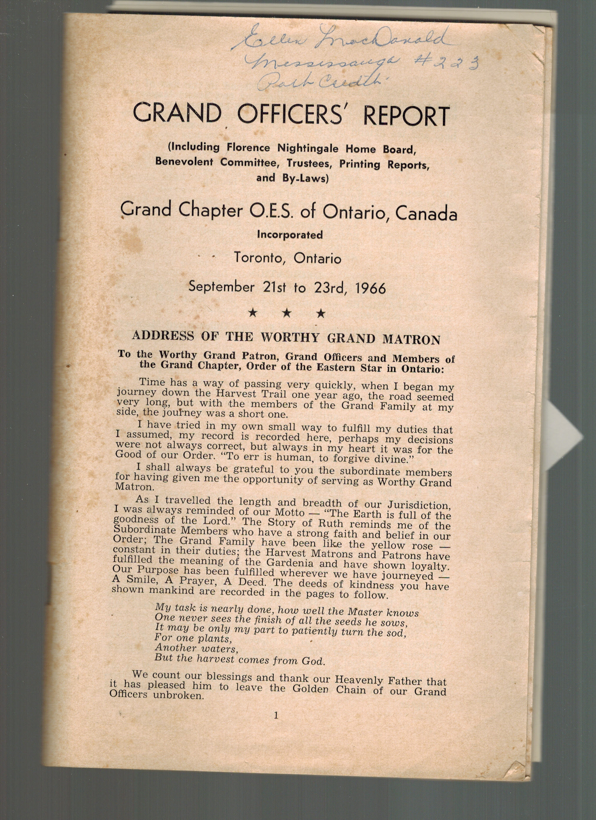 Grand Officers' Report - Masonic Grand Chapter O.E.S. of Ontario, Canada - Toronto 1966