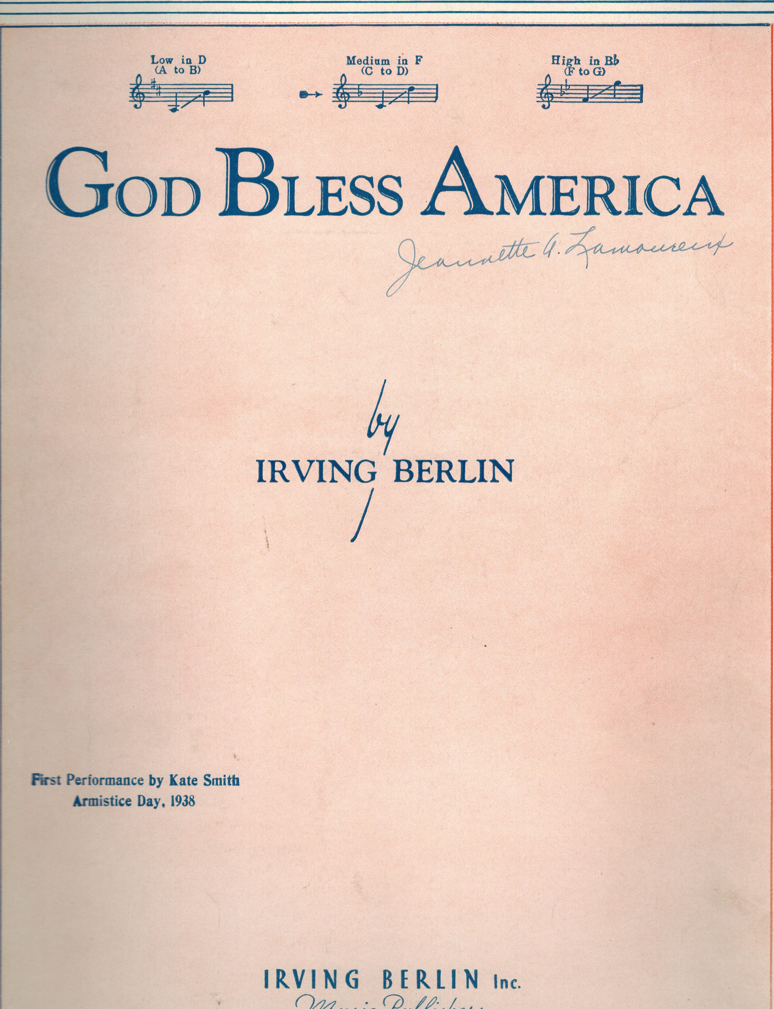 God Bless America - Vintage Sheet Music - For Low Medium Voice in F