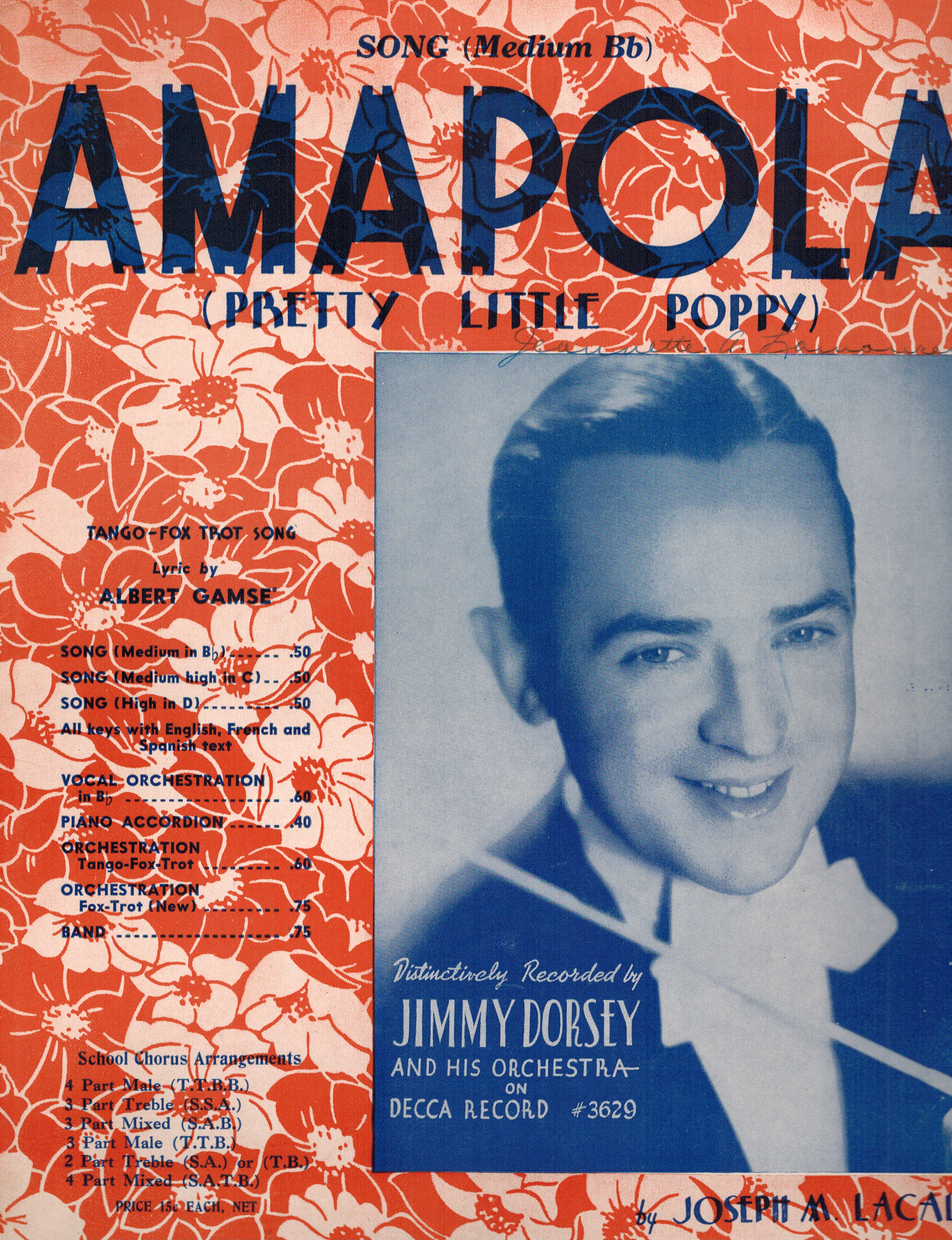 Image for Amapola Pretty Little Poppy - Jimmy Dorsey Cover - Vintage Sheet Music Amapola Pretty Little Poppy - Jimmy Dorsey Cover - Vintage Sheet Music