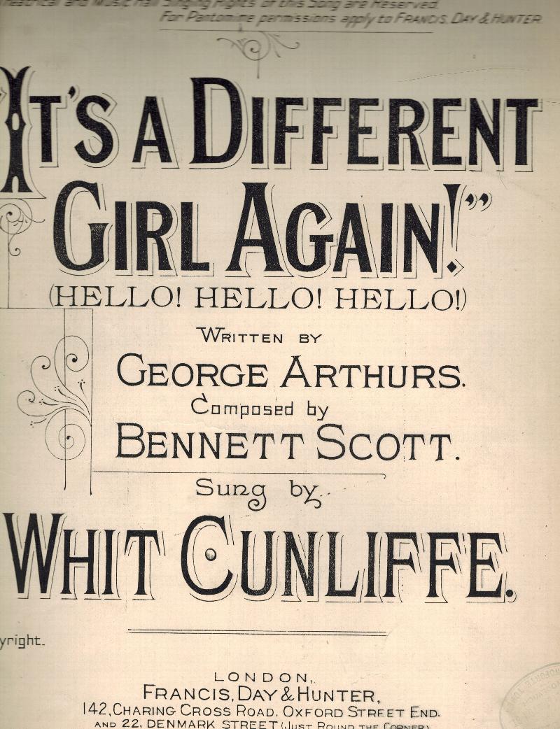 Image for It's a Different Girl Again! : Hello Hello Hello  - Vintage Sheet Music - as Sung By Cunliffe, Whit