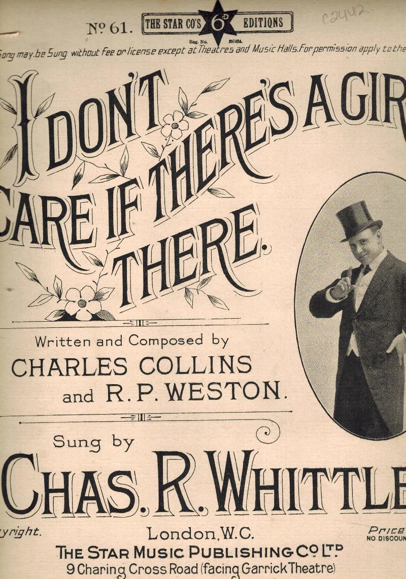 Image for I Don't Care if There's a Girl There  - Vintage Sheet Music - as Sung By Charles R. Whittle