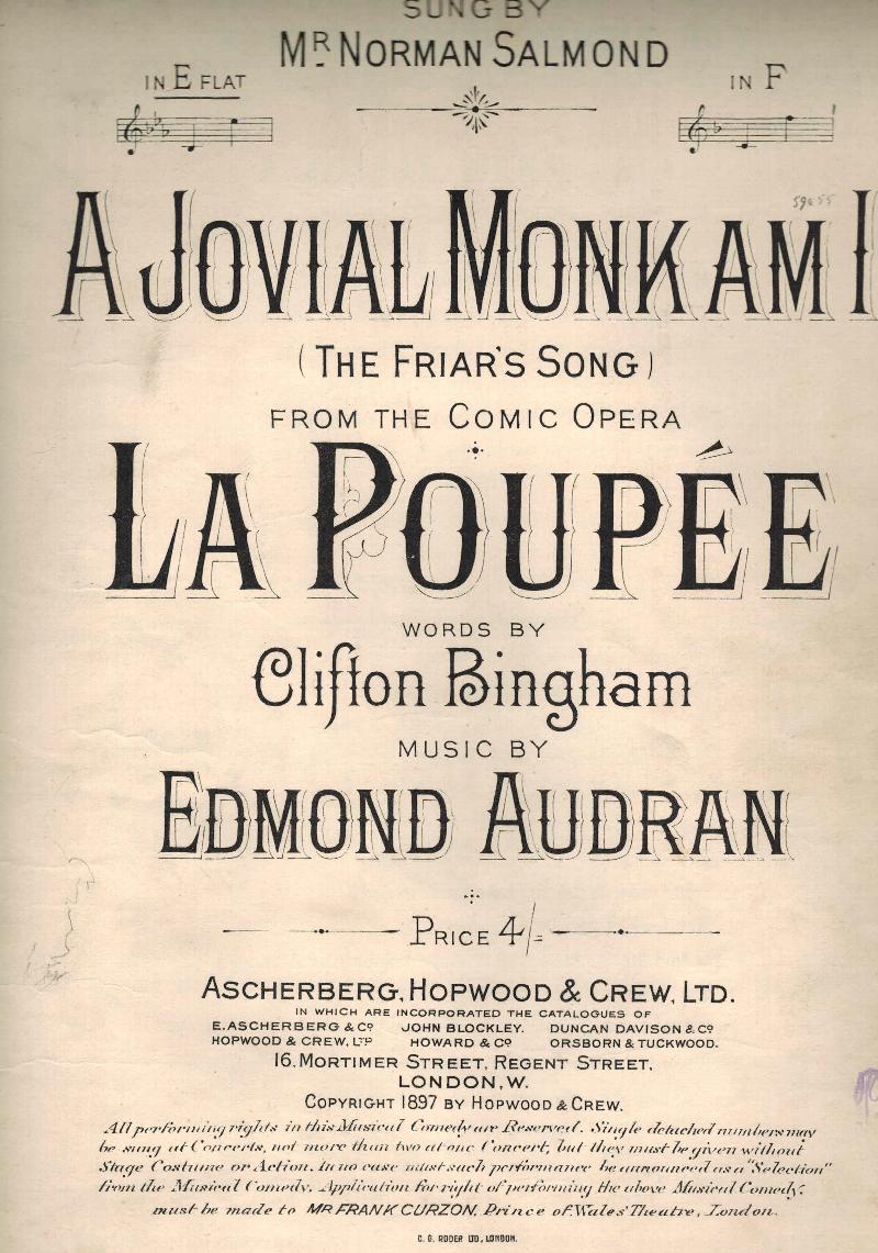 Image for A Jovial Monk am I - the Friar's Song from La Poupee as Sung By Norman Salmond - Vintage Piano Sheet Music